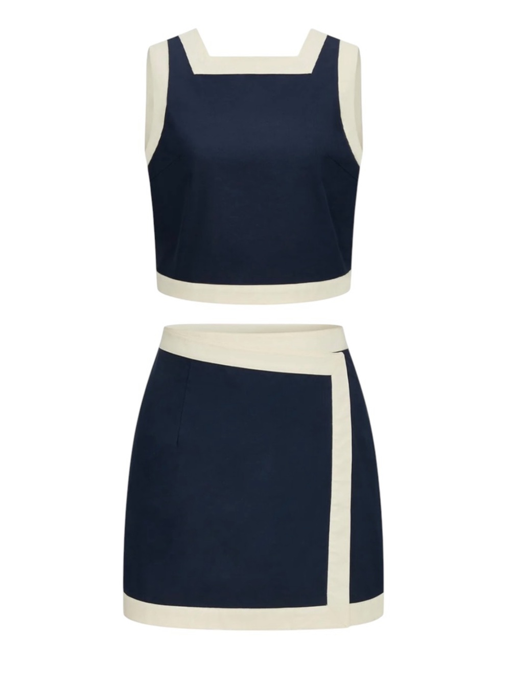 Commense Navy Blue Ivory Contrast Trim Cotton Top Mini Skirt Set Medium NWT - Picture 2 of 12